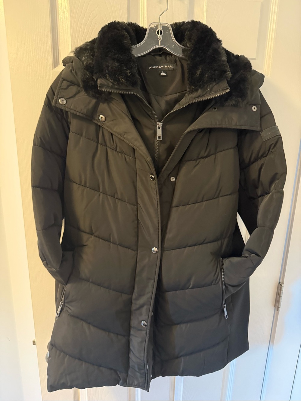 Andrew Marc Black Puffer Coat with Faux Fur Hood Womens L